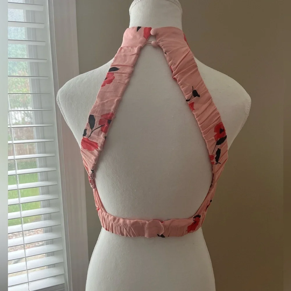 [XS]Zara Crop Top Coral Floral Print Linen-Blend Halter Neck - Picture 5 of 8